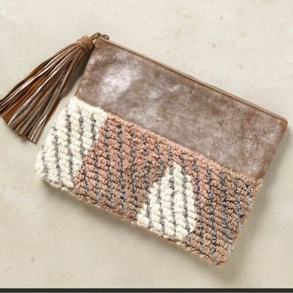 Anthropologie Jasper Jeera Woven Leather Tassled Clutch NWOT